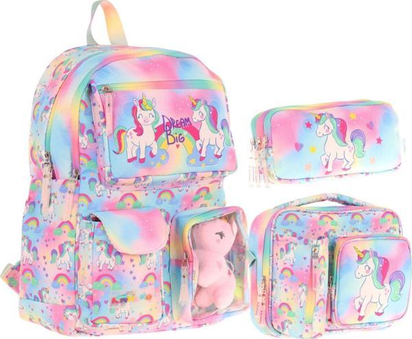 Kaukko Kids Kız Çocuk İlkokul Okul Çantası Seti - Peluş Unicornlu - Pembe (L5243+L7243+L8243) - Image 1