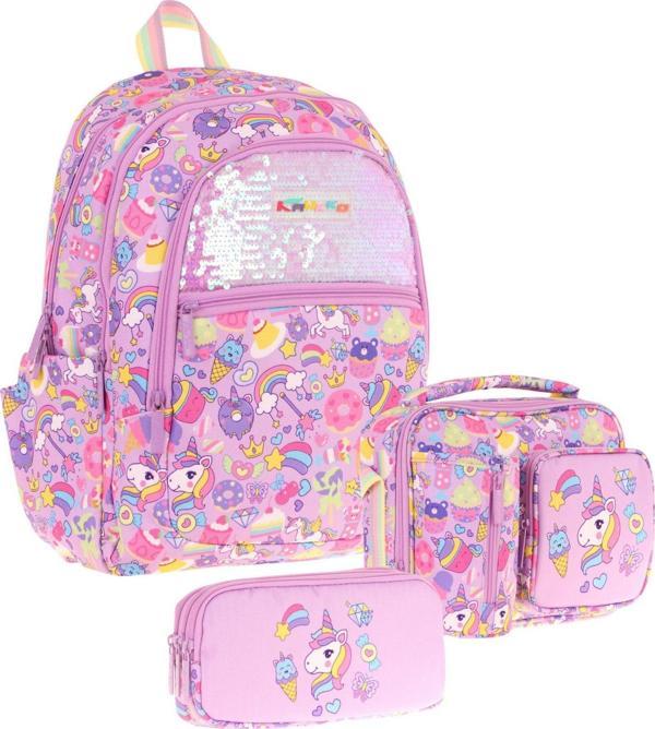 Kaukko Kids Kız Çocuk - Lila Pullu Sweet Desenli - Okul Çanta Seti (Sırt Çantası+Beslenme Çantası+Kalemlik) - Image 1