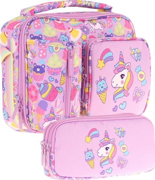 Kaukko Kids Kız Çocuk Lila Unicorn Üç Bölmeli Thermo Beslenme Çantası ve Kalemlik Seti (L7215+L8215) - Image 1