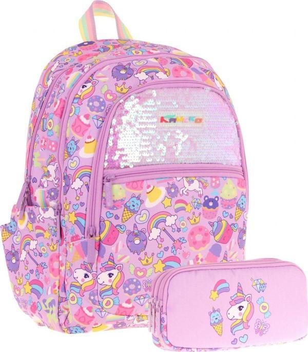 Kaukko Kids Kız Çocuk Okul Çantası ve Üç Bölmeli Kalemlik Seti (Lila - Pullu Sweet) - (L5215+L8215) - Image 1