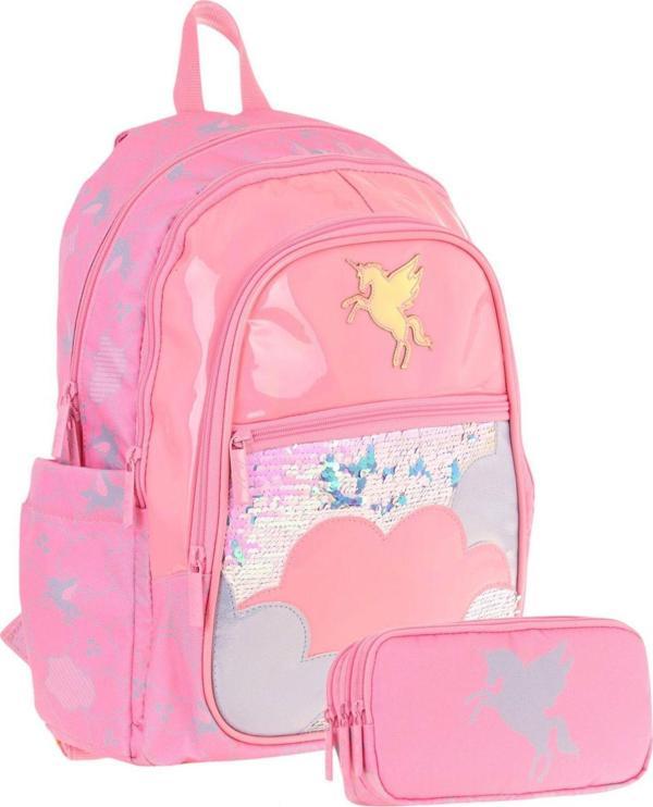 Kaukko Kids Kız Çocuk Okul Çantası ve Üç Bölmeli Kalemlik Seti (Pembe - Pullu Bulut ) - (L5218+L8218) - Image 1