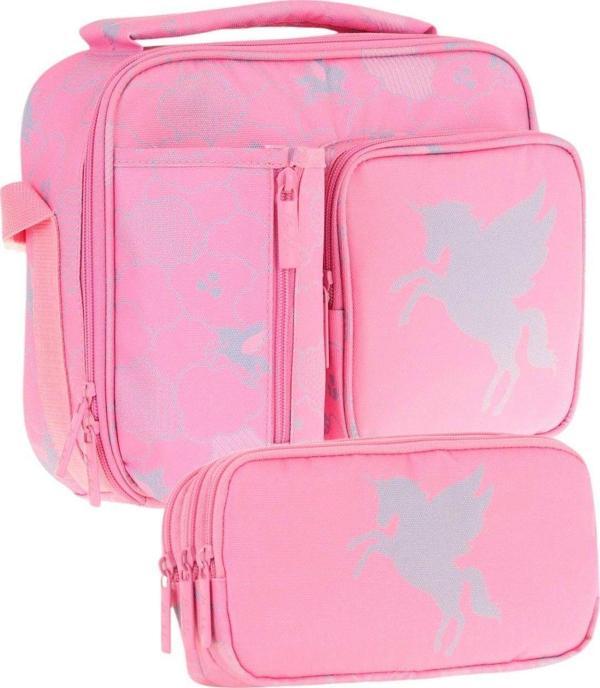 Kaukko Kids Kız Çocuk Pembe Bulut Desenli Üç Bölmeli Thermo Beslenme Çantası ve Kalemlik Seti (L7218+L8218) - Image 1