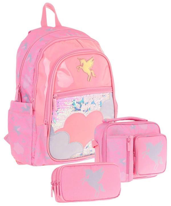 Kaukko Kids Kız Çocuk - Pembe Pullu Bulut Desenli - Okul Çanta Seti (Sırt Çantası+Beslenme Çantası+Kalemlik) - Image 1