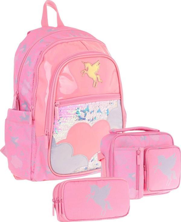 Kaukko Kids Kız Çocuk - Pembe Pullu Bulut Desenli - Okul Çanta Seti (Sırt Çantası+Beslenme Çantası+Kalemlik) - Image 1