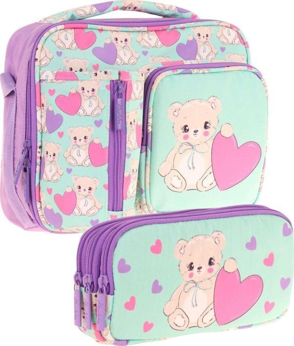 Kaukko Kids Kız Çocuk Turkuaz Mor Ayıcık Baskılı Üç Bölmeli Thermo Beslenme Çantası ve Kalemlik Seti (L7239+L8239) - Image 1