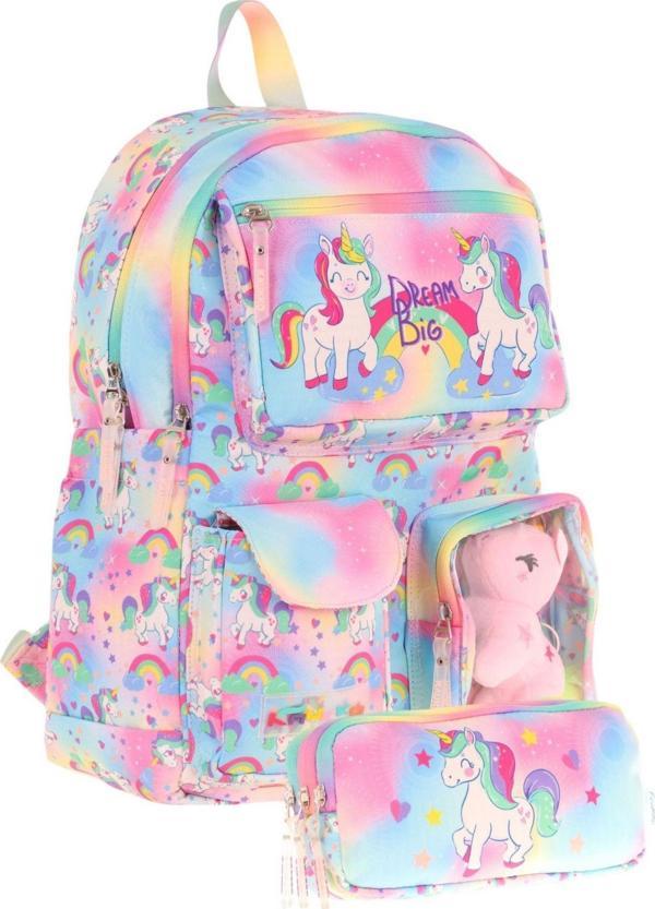 Kaukko Kız Çocuk Beş Bölmeli Okul Çantası ve Üç Bölmeli Kalemlik Seti - Peluş Unicornlu - Pembe - Image 1