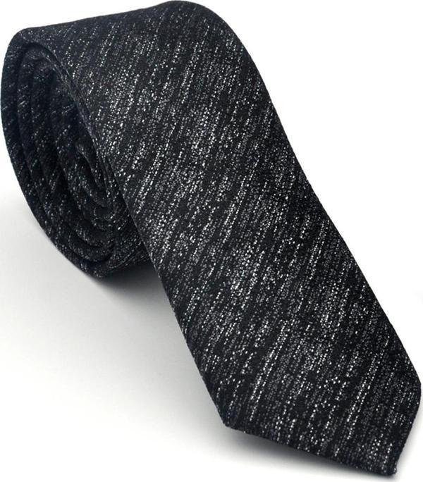 Gri Kırcıllı Desenli Siyah Dokuma Kumaş Mendilli Slim Fit Kravat // SDK-2501-1 - Image 1