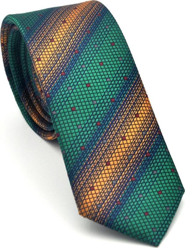 Bej Verev Desenli Zümrüt Yeşil Dokuma Kumaş Mendilli Slim Fit Kravat // SDK-2505-7 - Image 1