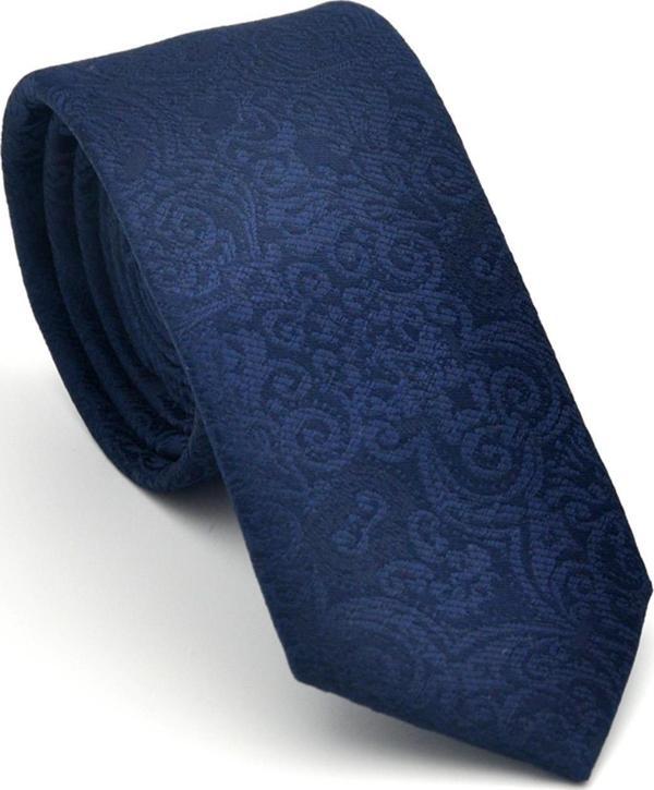 Şal Desenli Lacivert Dokuma Kumaş Mendilli Slim Fit Kravat // SDK-2506-2 - Image 1