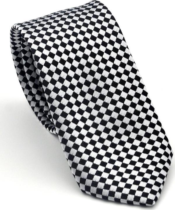 Siyah Piti Kare Desenli Beyaz Dokuma Kumaş Mendilli Slim Fit Kravat // SDK-2503-4 - Image 1