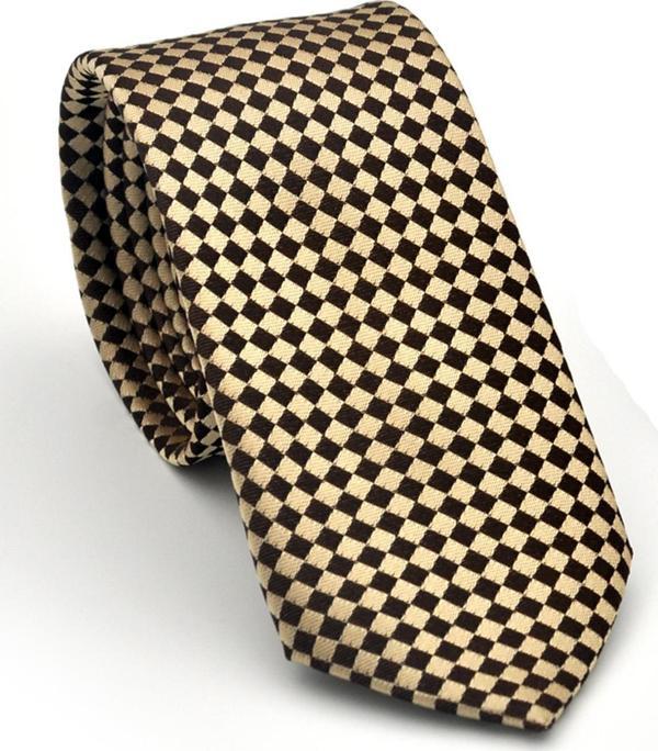 Kahverengi Piti Kare Desenli Bej Dokuma Kumaş Mendilli Slim Fit Kravat // SDK-2503-5 - Image 1