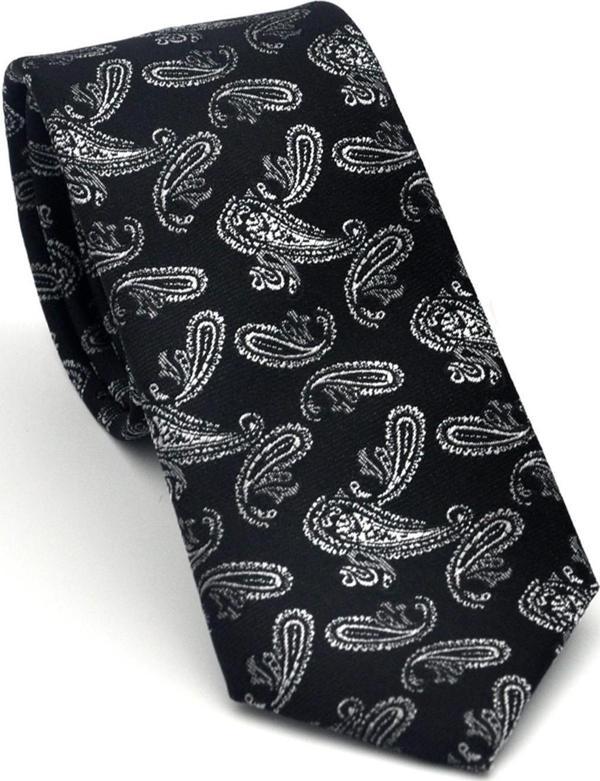 Gri Şal Desenli Siyah Dokuma Kumaş Mendilli Slim Fit Kravat // SDK-2507-1 - Image 1