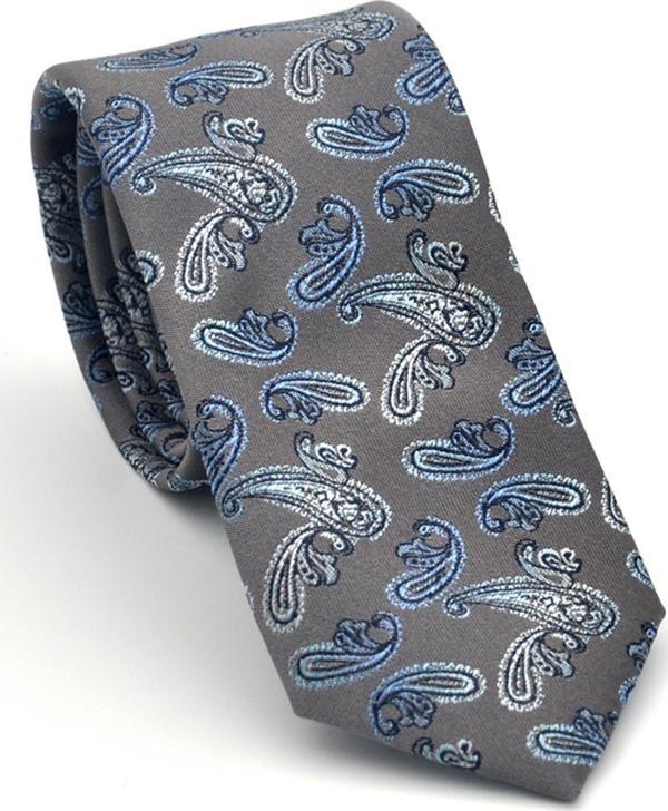 Mavi Şal Desenli Gri Dokuma Kumaş Mendilli Slim Fit Kravat // SDK-2507-4 - Image 1