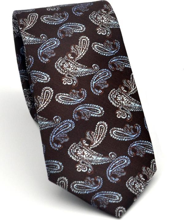 Mavi Şal Desenli Kahverengi Dokuma Kumaş Mendilli Slim Fit Kravat // SDK-2507-5 - Image 1