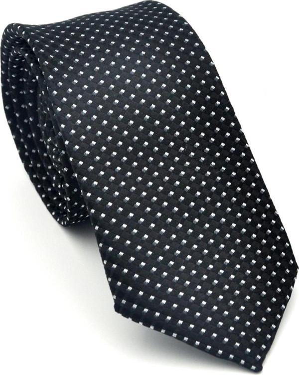 Beyaz Küçük Kare Desenli Siyah Dokuma Kumaş Mendilli Slim Fit Kravat // SDK-2511-1 - Image 1