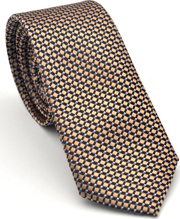 Beyaz Küçük Kare Desenli Bej Dokuma Kumaş Mendilli Slim Fit Kravat // SDK-2511-7 - Image 1