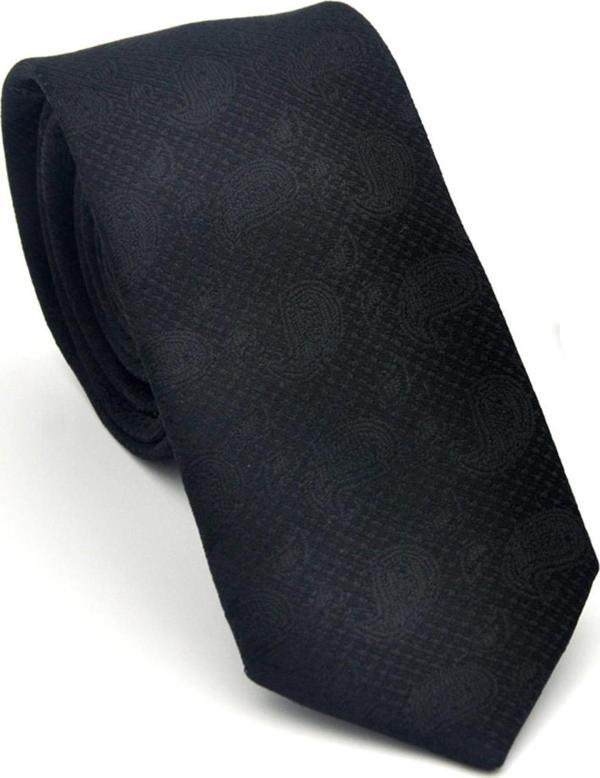 Şal Desenli Siyah Dokuma Kumaş Mendilli Slim Fit Kravat // SDK-2509-1 - Image 1