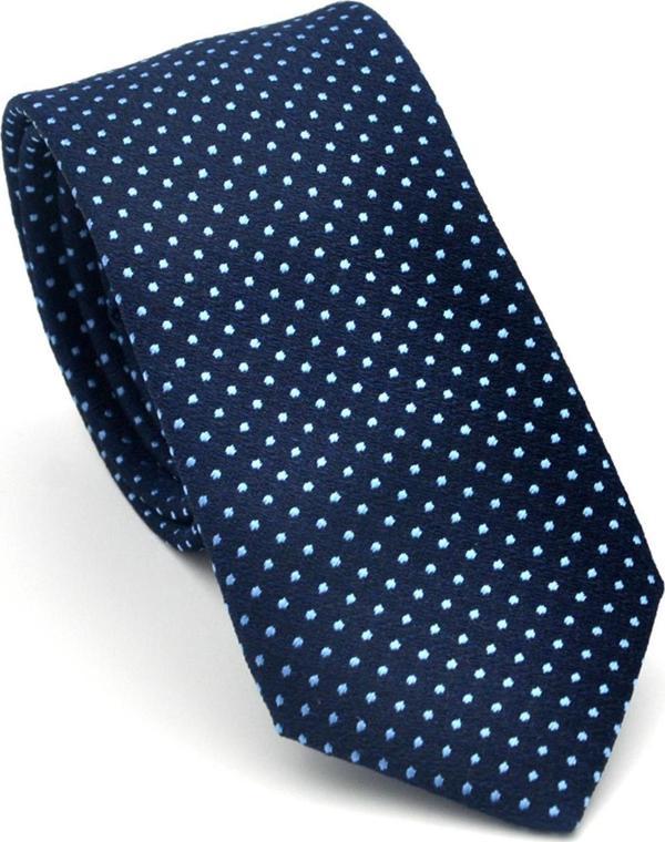 Mavi Nokta Desenli Lacivert Dokuma Kumaş Mendilli Slim Fit Kravat // SDK-2510-2 - Image 1