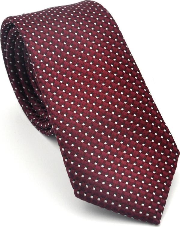 Beyaz Küçük Kare Desenli Bordo Dokuma Kumaş Mendilli Slim Fit Kravat // SDK-2511-3 - Image 1
