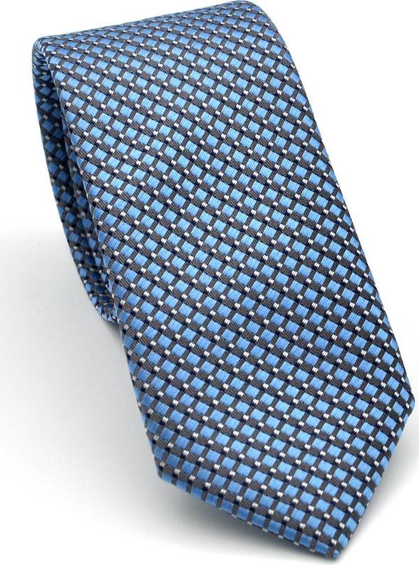 Beyaz Küçük Kare Desenli Mavi Dokuma Kumaş Mendilli Slim Fit Kravat // SDK-2511-5 - Image 1