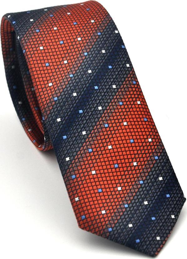 Lacivert Verev Desenli Koyu Turuncu Dokuma Kumaş Mendilli Slim Fit Kravat // SDK-2505-6 - Image 1