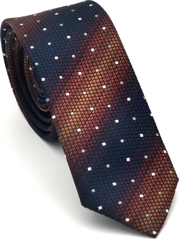 Kahverengi Verev Desenli Lacivert Dokuma Kumaş Mendilli Slim Fit Kravat // SDK-2505-2 - Image 1