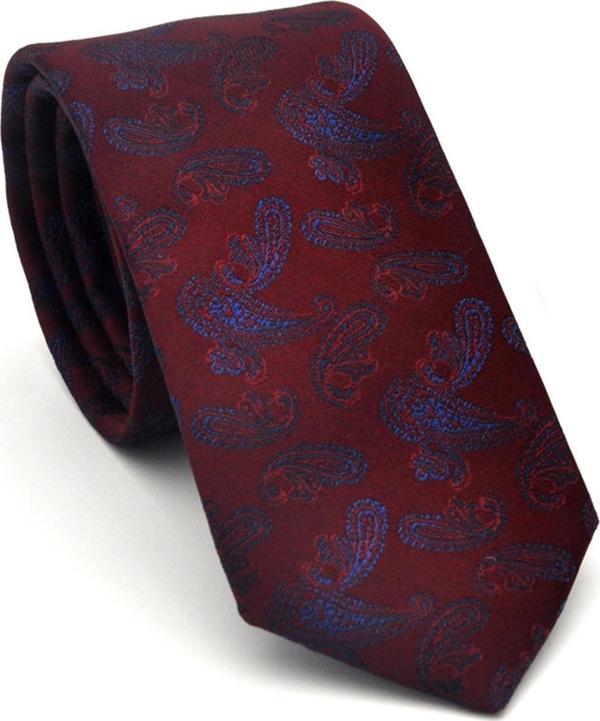 Lacivert Şal Desenli Bordo Dokuma Kumaş Mendilli Slim Fit Kravat // SDK-2507-3 - Image 1