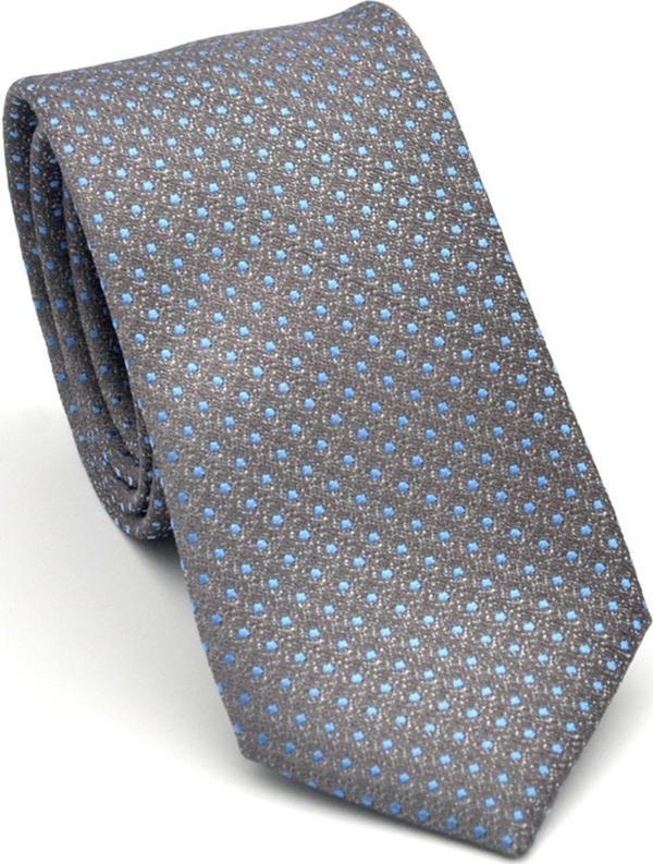 Mavi Nokta Desenli Gri Dokuma Kumaş Mendilli Slim Fit Kravat // SDK-2510-4 - Image 1
