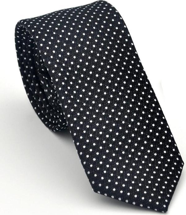 Beyaz Nokta Desenli Siyah Dokuma Kumaş Mendilli Slim Fit Kravat // SDK-2510-1 - Image 1