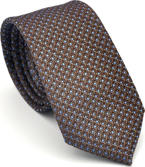 Mavi Nokta Desenli Kahverengi Dokuma Kumaş Mendilli Slim Fit Kravat // SDK-2510-5 - Image 1