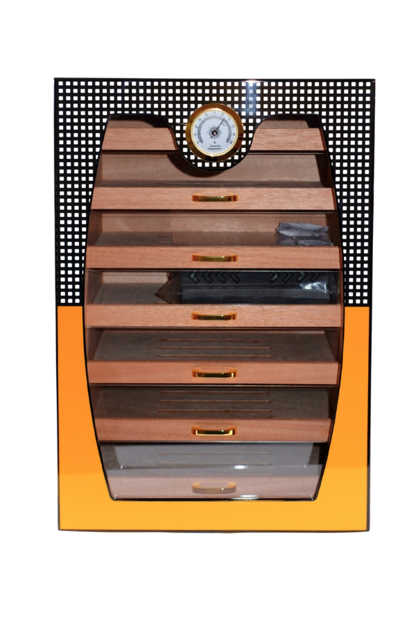 Cohiba Sarı-Gri Nokta Desenli 7 Çekmeceli Sedir Humidor Puro Kutusu - Image 1