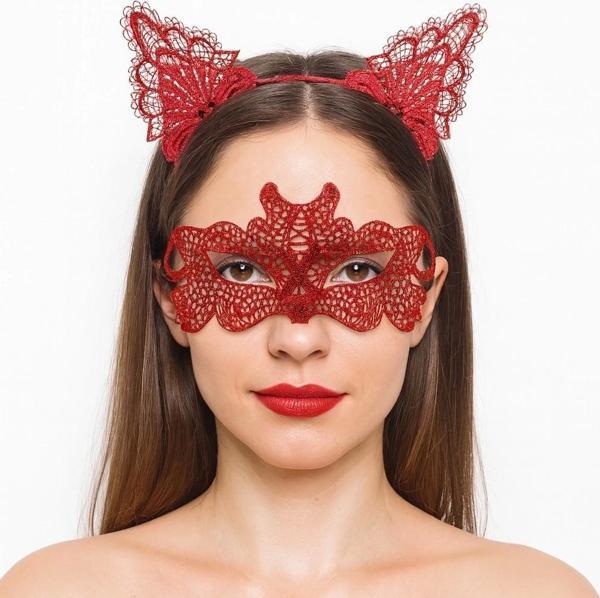 Ateş Kırmızısı Dantel Taç Ve Maske Seti 10 No - Maskeli Balo  Özel Gün Seti - Image 1