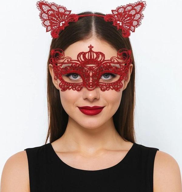 Lüks Kırmızı Dantel Taçlı Maske Seti 2 No - Parti, Balo, Kostüm Aksesuarı - Image 1