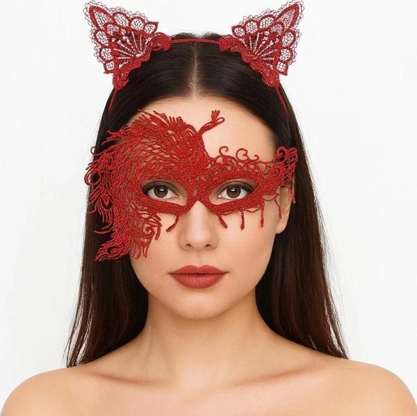 Alevin Zarafeti Kırmızı Dantel Maske Ve Taç Seti 4 No – Kadın Kostüm Tamamlayıcı - Image 1