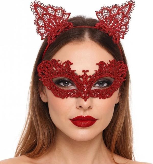 Şık Kırmızı Dantel Maske Ve Taç Seti 5 No – Maskeli Balo  Özel Etkinlikler - Image 1