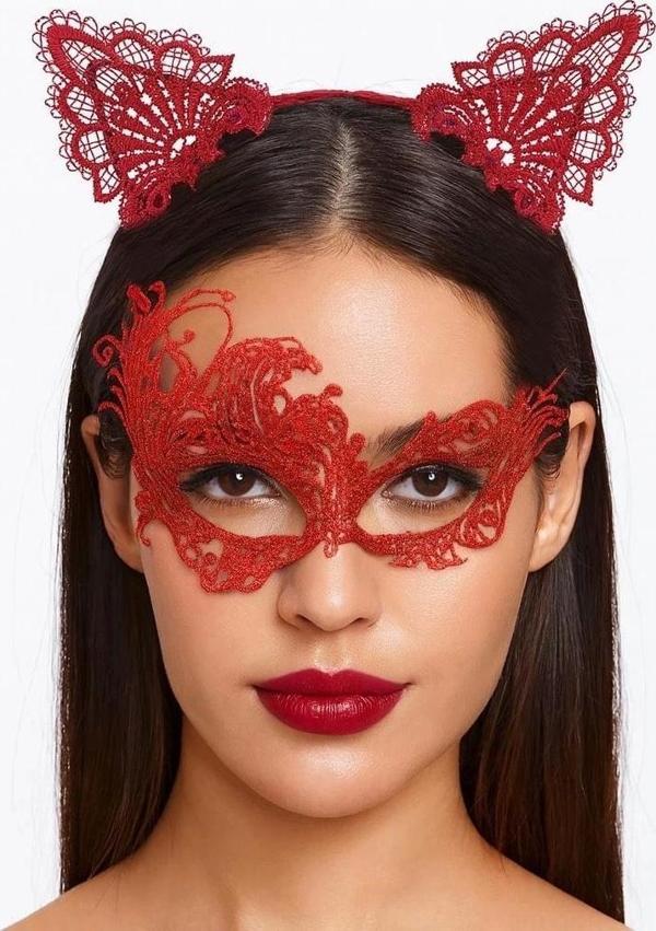Gizemli Kırmızı Dantel Maske Ve Taç Seti 1 No - Kostüm Seti - Image 1