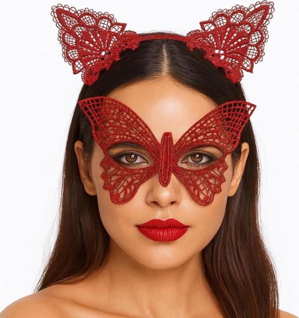 Gösterişli Kırmızı Dantel Maske Ve Taç Seti 7 No – Masquerade Ve Davetler İçin - Image 1