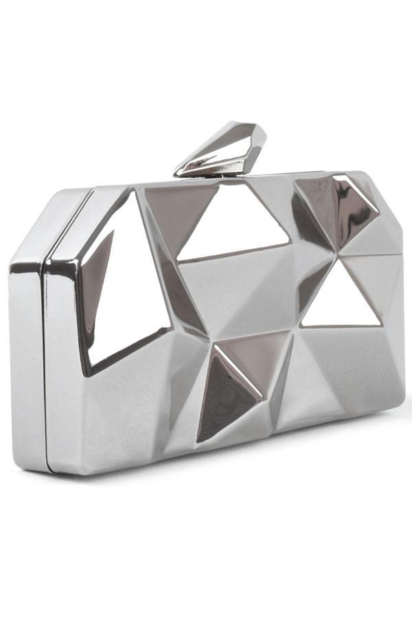 Geometrik Desenli Gümüş Metal Clutch Abiye Çanta - Image 1