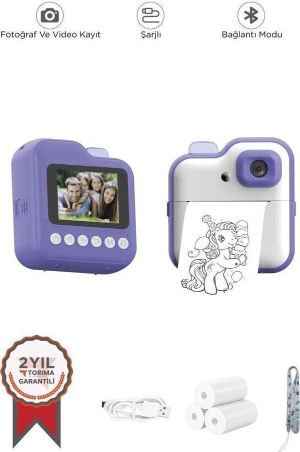 Torima TRM-CMR15 Mor Dijital Video Kayıt Fotoğraf Çocuk Kamerası Anlık Termal Resim Kağıt Baskılı Yazıcı - Image 1
