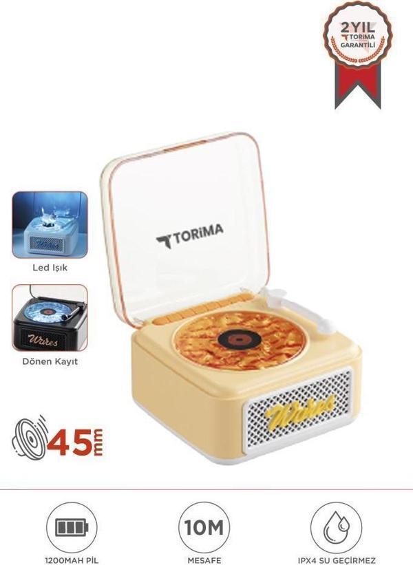 Torima D61 Sarı Mini Nostalji Plak Görünüm Dekor Waves Bluetooth Işıklı Müzik Çalar Saat Tf Kart Aux Özellikli - Image 1