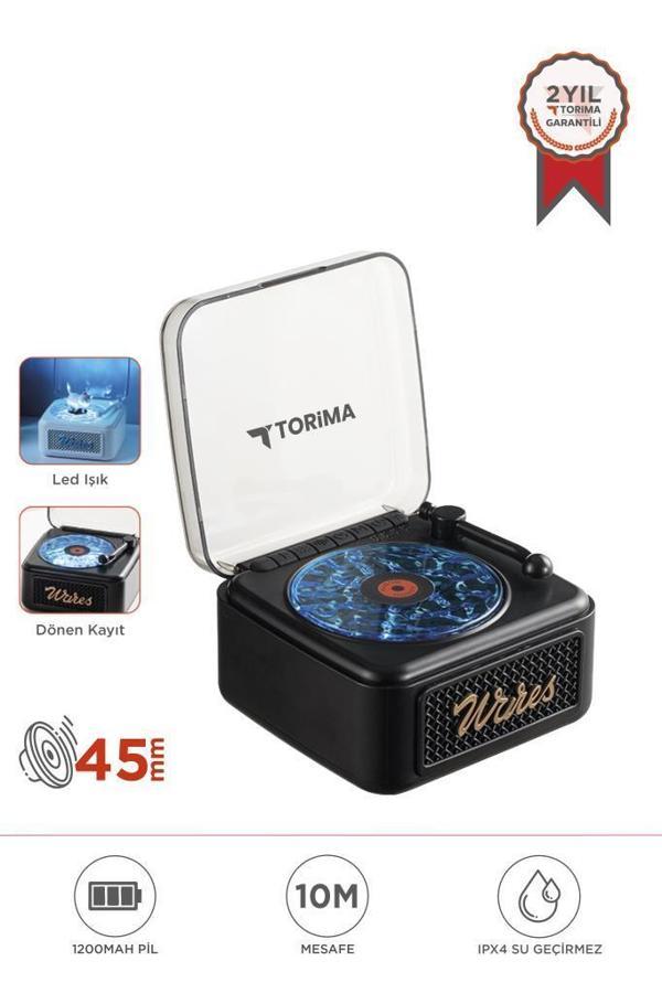 Torima D61 Siyah Nostalji Plak Görünüm Dekor Waves BT Işıklı Müzik Çalar Saat Tf Kart Aux Özellikli - Image 1