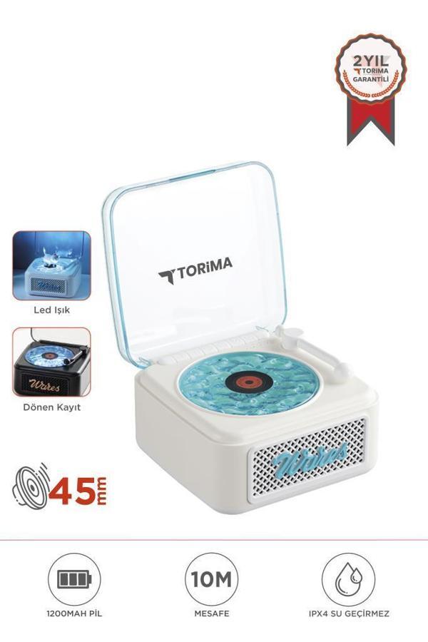 Torima D61 Beyaz  Nostalji Plak Görünüm Dekor Waves BT Işıklı Müzik Çalar Saat Tf Kart Aux Özellikli - Image 1