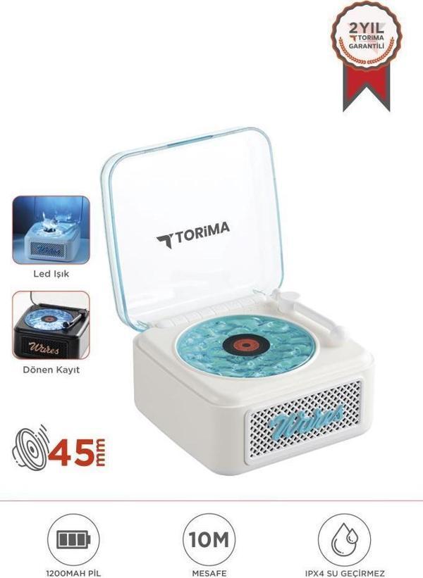 Torima D61 Beyaz  Nostalji Plak Görünüm Dekor Waves BT Işıklı Müzik Çalar Saat Tf Kart Aux Özellikli - Image 1