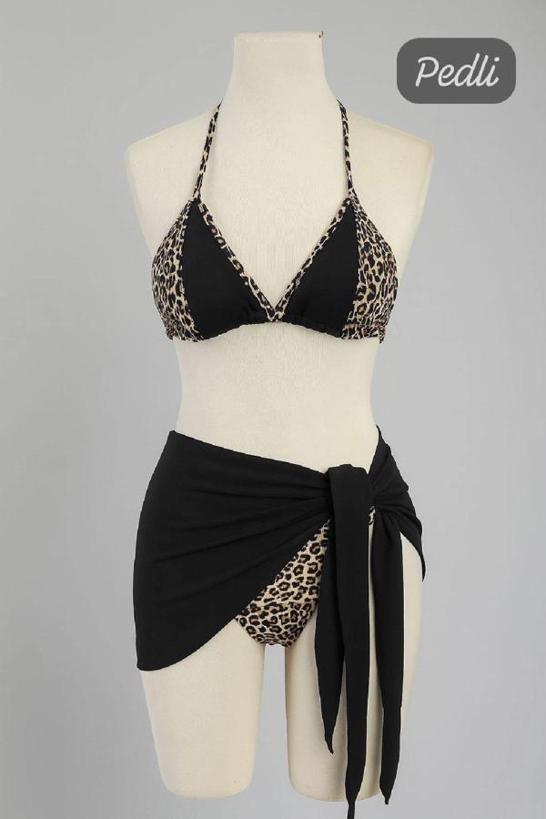 Kadın Siyah ve Leopar Desenli Pareolu 3'lü Bikini Takımı - Image 1