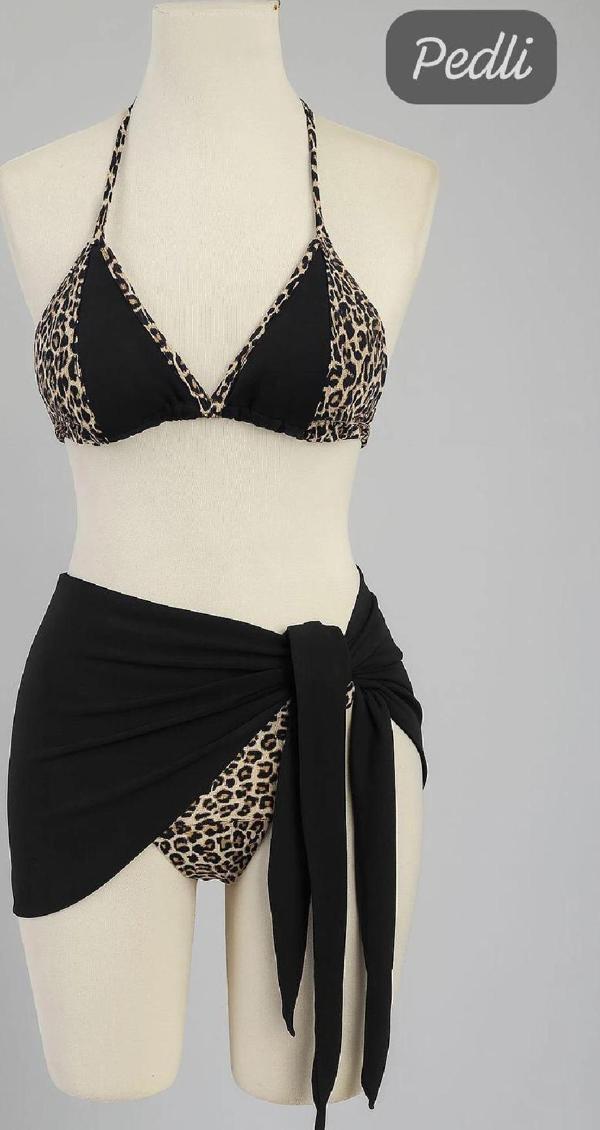 Kadın Siyah ve Leopar Desenli Pareolu 3'lü Bikini Takımı - Image 1