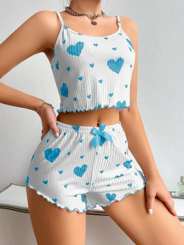 KadınBeyaz Mavi Kalp Desenli Askılı Şortlu Pijama Takım 6657 - Image 1