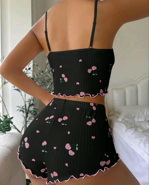 Kadın Siyah Kiraz Desenli Seksi Gecelik Takım 9003 - Image 1