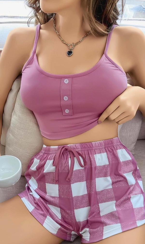 Kadın Pembe Kareli Desenli Askılı Şortlu Pijama Takım 6651 - Image 1