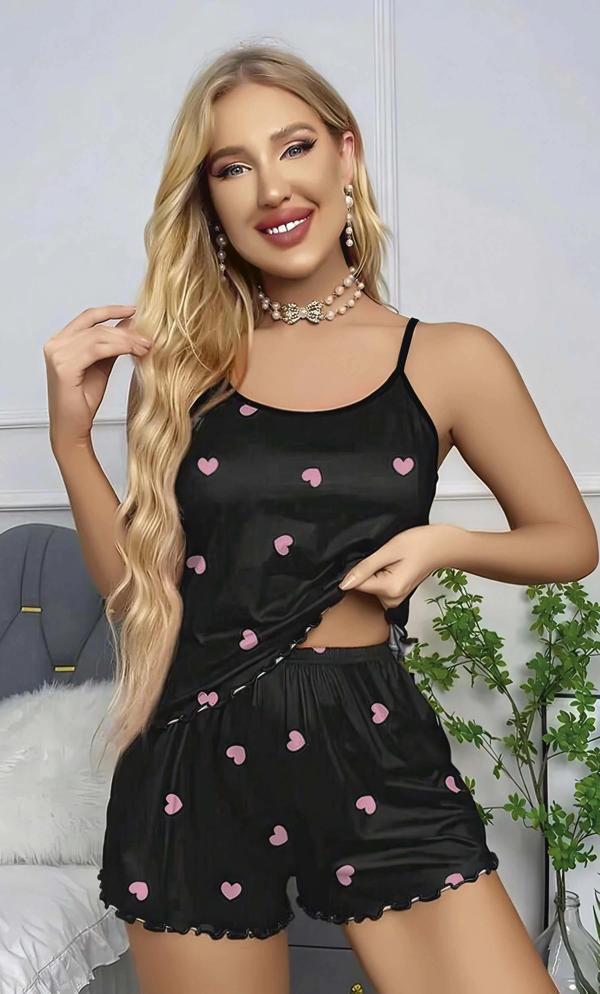 Kadın Siyah Kalp Desenli Seksi Gecelik Takım 6660 - Image 1