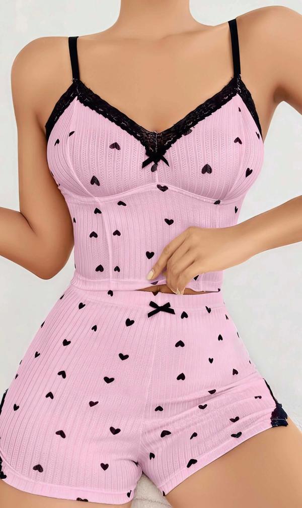 Kadın Pembe Kalp Desenli Askılı Şortlu Pijama Takım 6647 - Image 1